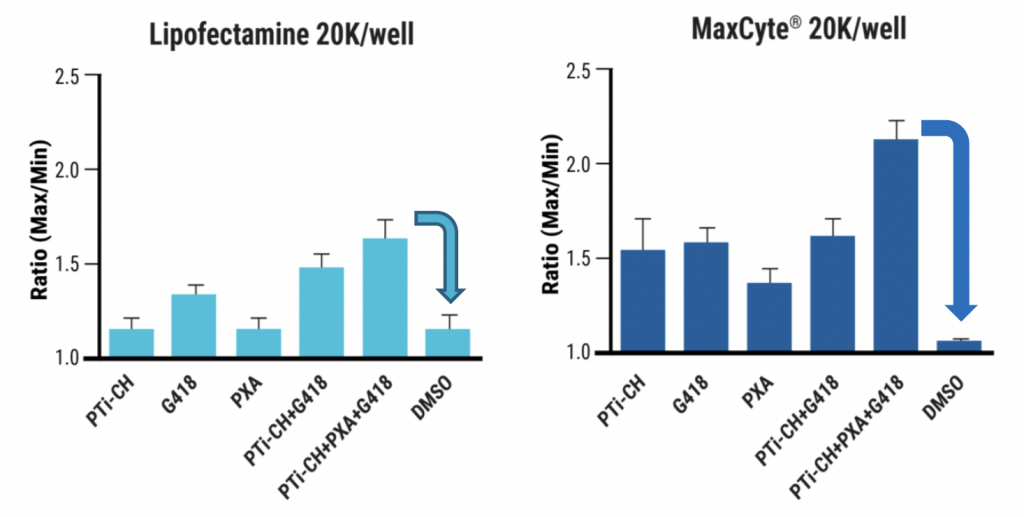 ​In these two bar graphs comparing Lipofectamine 20K/well​ and MaxCyte 20K/well​, MaxCyte consistently​ showed higher "Ratio (Max/Min)" values for ​various cell treatments, especially PTI-CH+PXA+G418​.